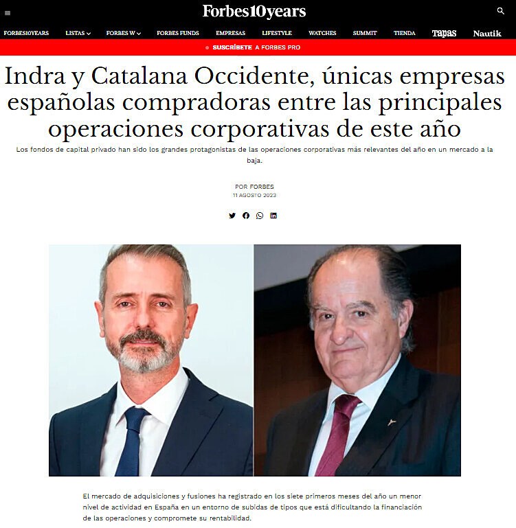 Indra y Catalana Occidente, nicas empresas espaolas compradoras entre las principales operaciones corporativas de este ao